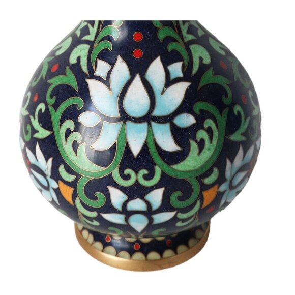 Vintage Cloisonne Lotus Vase with Wood Stand Hand Painted Floral Enamel - Picture 3 of 7
